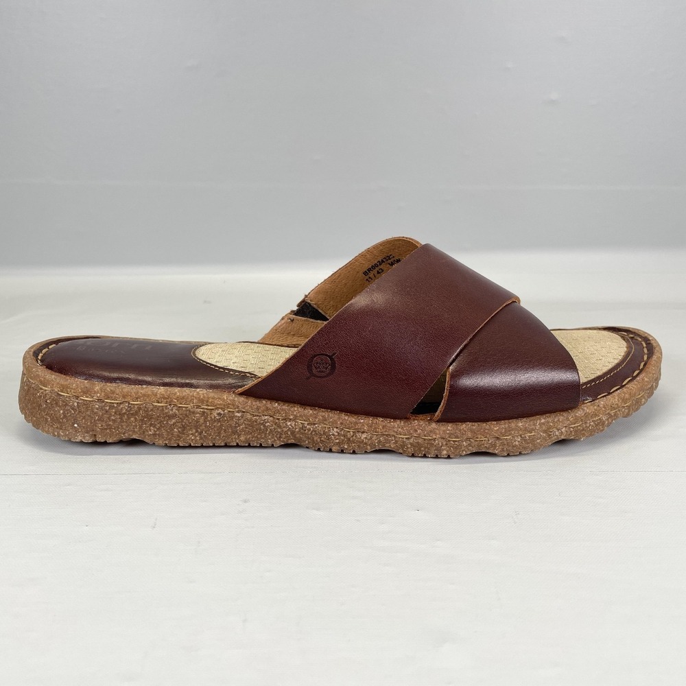 Born Sandals Womens Size 11 Brown Leather Cross Strap Slides Slip On Shoes